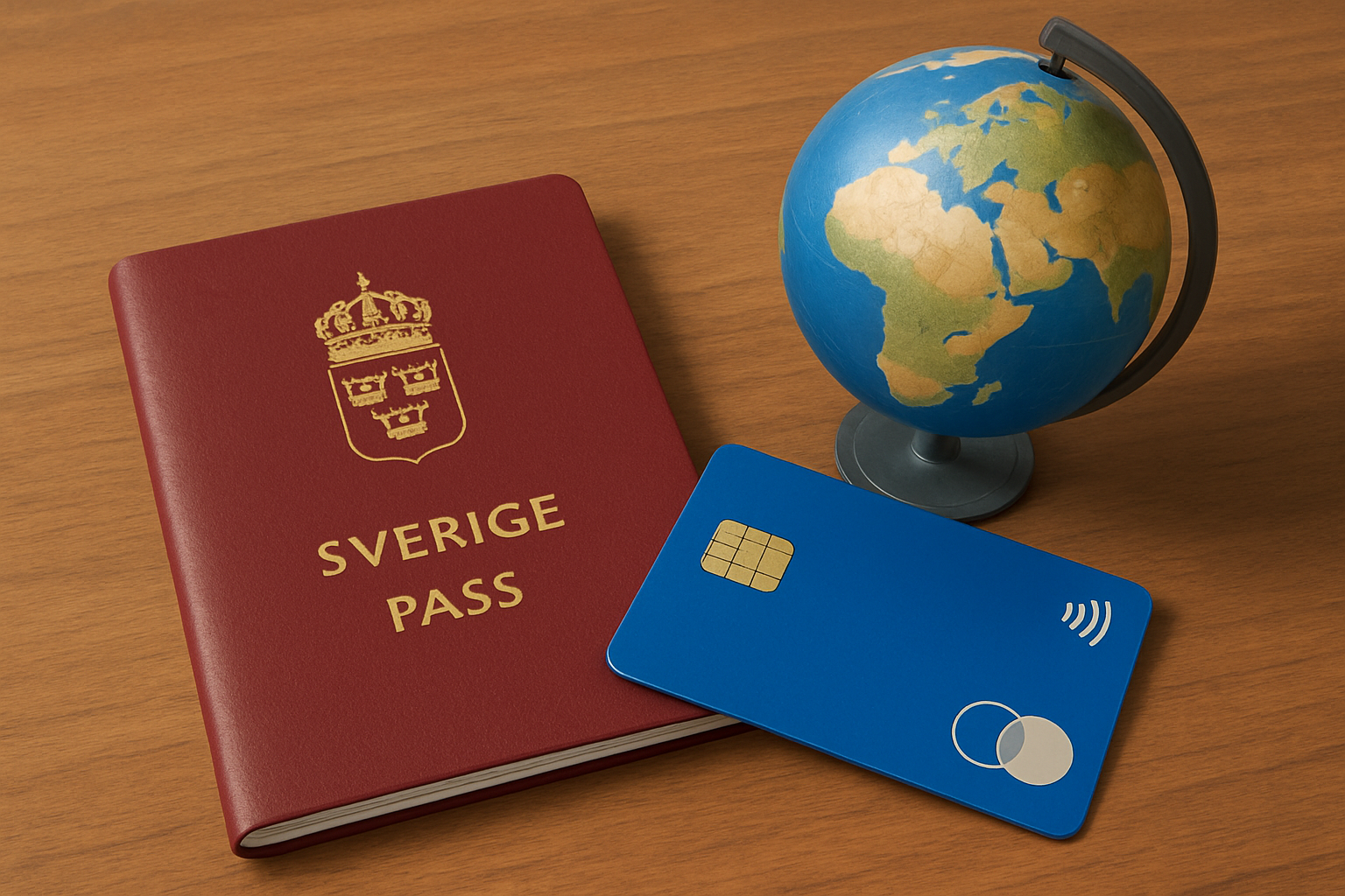 Swedish passport and credit card next to a globe, representing Swedish expats managing finances abroad